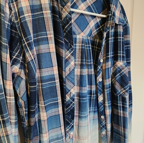 Blue and Pink Plaid Bleach Dip Button Front Shirt - Picture 4 of 4